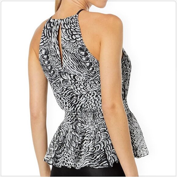 BCBGMaxAzria BCBG Black White Combo Pleated Peplum Smocked Waist Top NWT NEW S - Picture 2 of 5